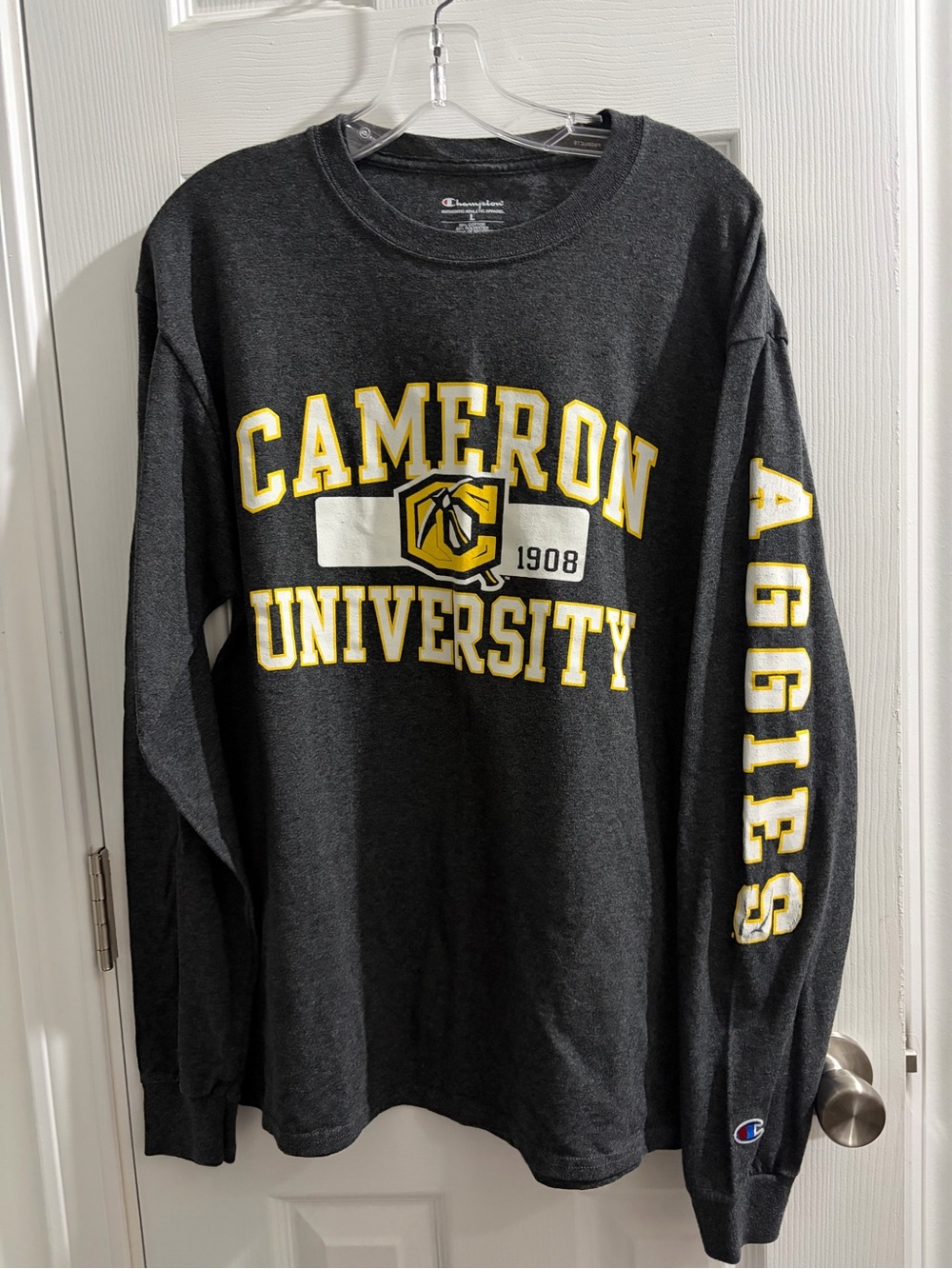 Champion Dark Gray Crewneck with Small Red & White Logo